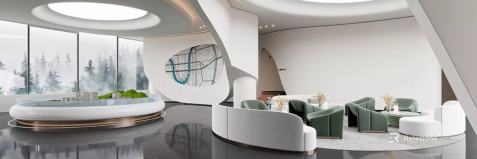 Modern Sales Office Interior With Curved Walls Green White Sofas And Area Map Design 3d model 