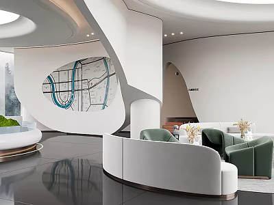 Modern Sales Office Interior With Curved Walls Green White Sofas And Area Map Design 3d model