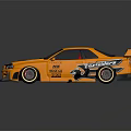 Orange Modified Race Car With TOP SECRET R34 Livery Large Rear Spoiler And Sport Wheels