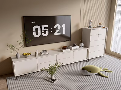 Modern White TV Stand With Decorative Items Books Vase And Drawer Cabinet In Living Room 3d model
