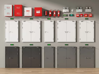Fire Safety Equipment Display With White And Gray Wall Mounted Cabinets 3d model