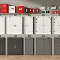 Fire Safety Equipment Display With White And Gray Wall Mounted Cabinets
