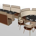 Modern Dining Table and Chair Set With Round Dark Tabletop Woven Seats and Booth Seating