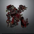 Red Sci Fi Mechanical Robot Character In Kneeling Stance With Armor And Gear Details