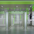 Modern Retail Store Interior With Metal Display Racks And Green Accent Lighting