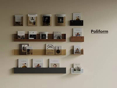 Poliform Modern Wall Mounted Wooden Bookshelves With Black Accents Holding Books And Decorative Items 3d model