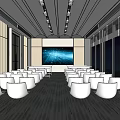 Modern Conference Room Interior With White Chairs Large Screen Windows And Ceiling Lighting 3d model