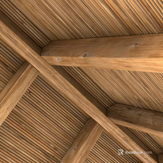 Rustic Wooden Ceiling Design With Crossed Beams And Slatted Panels 3d model 