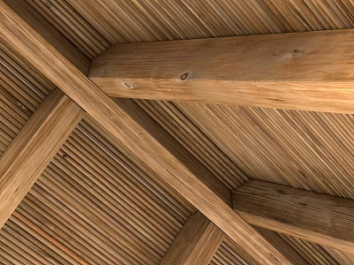 Rustic Wooden Ceiling Design With Crossed Beams And Slatted Panels 3d model