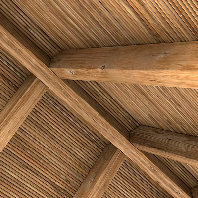 Rustic Wooden Ceiling Design With Crossed Beams And Slatted Panels 3d model
