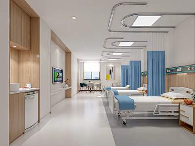 Modern Hospital Ward Interior With Comfortable Beds Blue Curtains TV And Wooden Cabinets 3d model