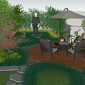 Rooftop Garden Design With Wooden Deck Hanging Chair Hanging Plants Flowers Shrubs And Stone Path