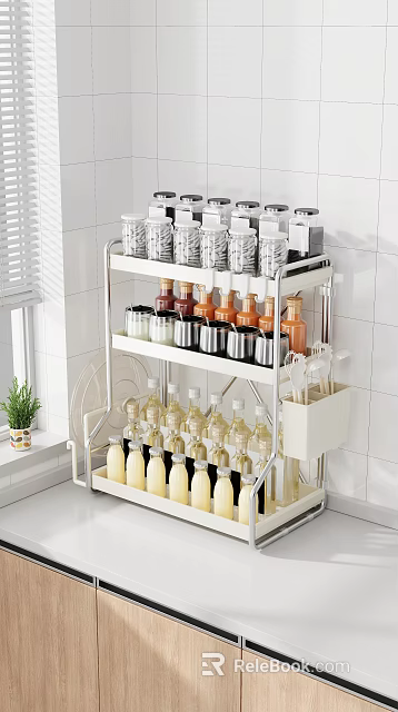 Kitchen Utensil Set on 3 Tier Metal Rack with Condiment Bottles Jars and Storage Basket 3d model 