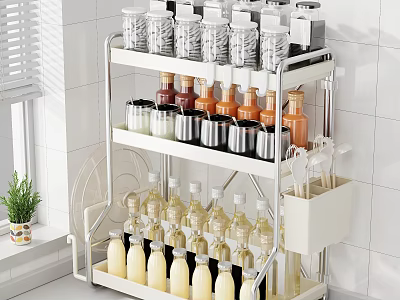 Kitchen Utensil Set on 3 Tier Metal Rack with Condiment Bottles Jars and Storage Basket 3d model