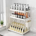 Kitchen Utensil Set on 3 Tier Metal Rack with Condiment Bottles Jars and Storage Basket