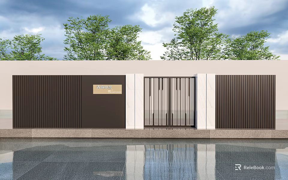 Modern Entrance Gate Design With Horizontal Wooden Panels And White Frame Surrounded By Green Trees 3d model 