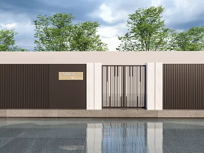 Modern Entrance Gate Design With Horizontal Wooden Panels And White Frame Surrounded By Green Trees 3d model