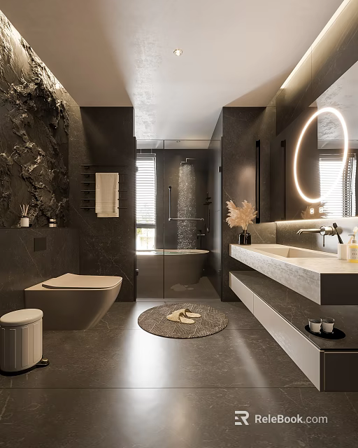 Modern Dark Bathroom Interior With Round Mirror Bathtub Shower Area Vanity And Rug 3d model 