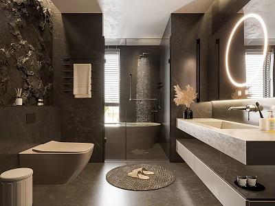 Modern Dark Bathroom Interior With Round Mirror Bathtub Shower Area Vanity And Rug 3d model
