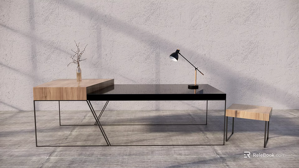 Modern Desk With Wooden Top Black Tabletop Metal Legs Table Lamp And Decorative Branch 3d model 