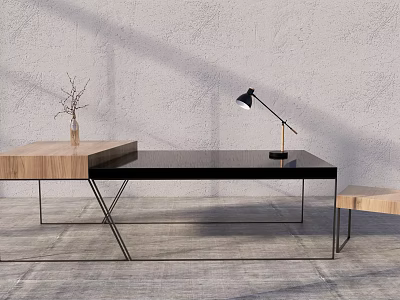 Modern Desk With Wooden Top Black Tabletop Metal Legs Table Lamp And Decorative Branch 3d model