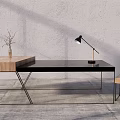 Modern Desk With Wooden Top Black Tabletop Metal Legs Table Lamp And Decorative Branch