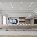 Modern Conference Room Interior With Large Screen Wooden Wall And Linear Ceiling Lights