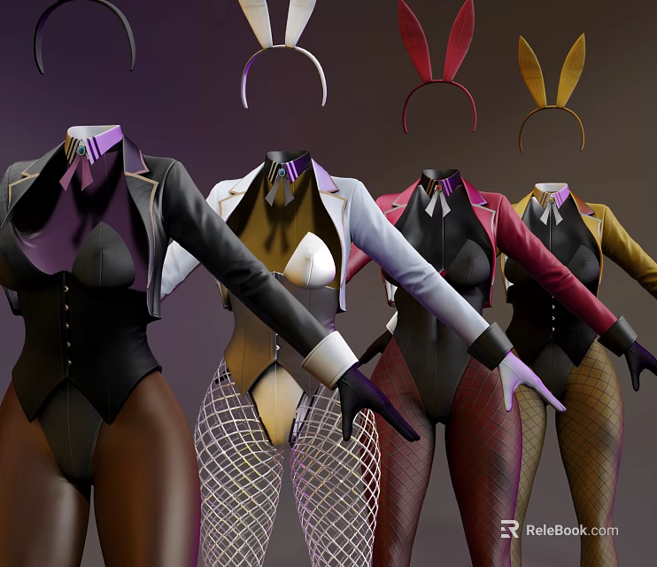 Fashionable Women's Clothes With Various Colors Bodysuits Blazers Bunny Ears Headbands Fishnet Stockings Gloves 3d model 