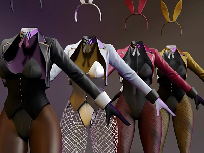 Fashionable Women's Clothes With Various Colors Bodysuits Blazers Bunny Ears Headbands Fishnet Stockings Gloves 3d model