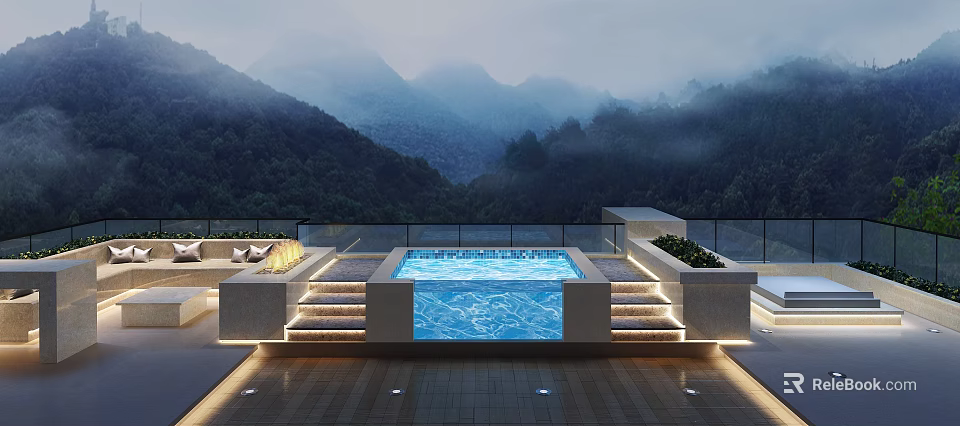 Luxury Other Bathroom Featuring Mountain Forest View Bathtub Steps And Ambient Lighting 3d model 