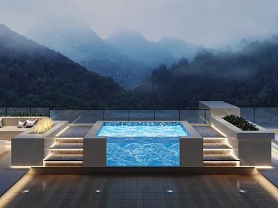 Luxury Other Bathroom Featuring Mountain Forest View Bathtub Steps And Ambient Lighting 3d model