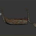 Vintage Wooden Boat With Weathered Hull Curved Bow Stern Decorations And Hanging Glass Lantern