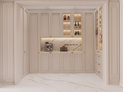Elegant Cream White Sideboard Cabinet With Glass Wine Storage And Countertop Coffee Station Design 3d model