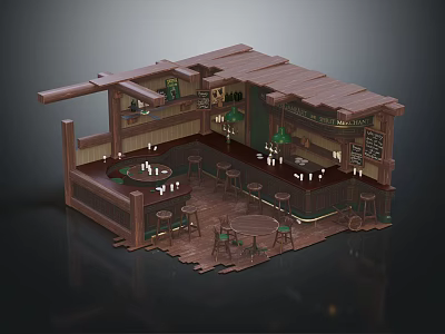 Cartoon Scene of Wooden Bar Interior With Counter Stools Decorative Plants and Rustic Roof 3d model