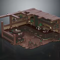 Cartoon Scene of Wooden Bar Interior With Counter Stools Decorative Plants and Rustic Roof