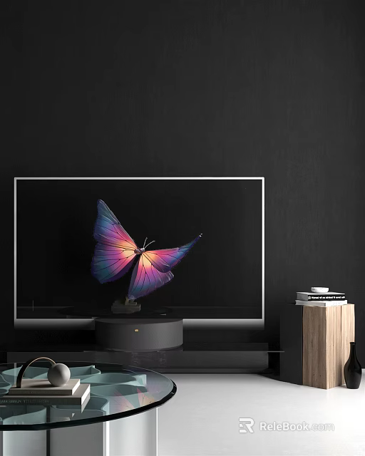 Modern Television Displaying Vibrant Butterfly with Purple Pink Wings on Black Base and Wooden Cabinet 3d model 