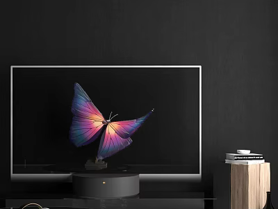 Modern Television Displaying Vibrant Butterfly with Purple Pink Wings on Black Base and Wooden Cabinet 3d model