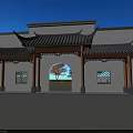 Traditional Chinese Entrance Gate With Classic Roof White Walls Wooden Pillars And Lattice Windows