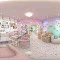 Cozy Cute Bubble Tea Shop Interior With Pink Lavender Walls Chandeliers Posters Tables And Chairs