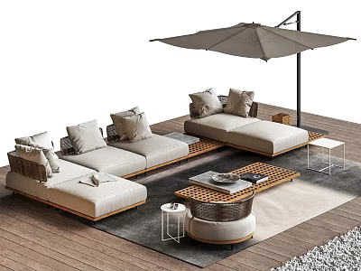 Outdoor Lounge Sofa and Coffee Table Set with Cushions Umbrella and Wooden Deck 3d model
