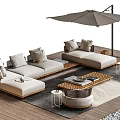 Outdoor Lounge Sofa and Coffee Table Set with Cushions Umbrella and Wooden Deck