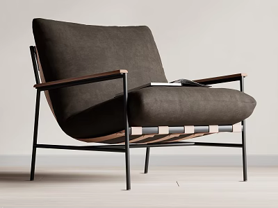 Dark Brown Leisure Chair With Black Metal Frame Wooden Armrests And Open Book On Seat 3d model
