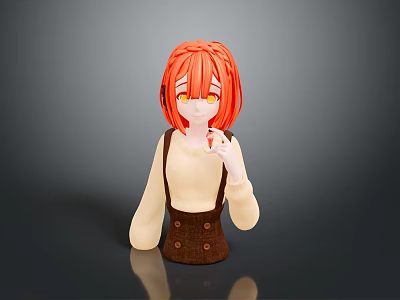 Woman with red hair yellow eyes wearing beige top and brown overalls on gray background 3d model