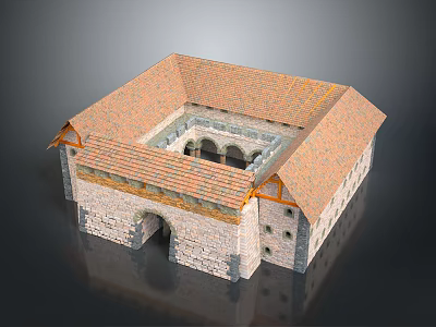 Traditional Square Courtyard Building Featuring Red Tiled Roof Stone Walls And Arched Doorway 3d model