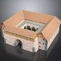 Traditional Square Courtyard Building Featuring Red Tiled Roof Stone Walls And Arched Doorway