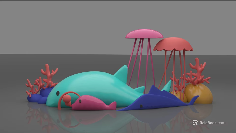 Colorful Playful Ocean Creature Toys Featuring Dolphin Fish Jellyfish and Coral 3d model 