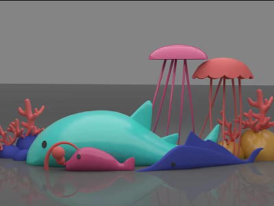 Colorful Playful Ocean Creature Toys Featuring Dolphin Fish Jellyfish and Coral 3d model