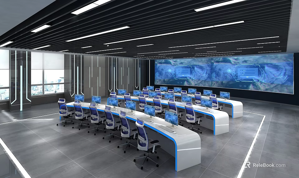 Modern Control Room With Multiple Computer Monitors Organized Workstations And Large Display Screen 3d model 