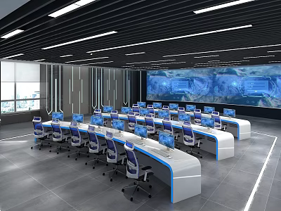 Modern Control Room With Multiple Computer Monitors Organized Workstations And Large Display Screen 3d model