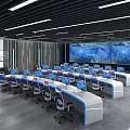 Modern Control Room With Multiple Computer Monitors Organized Workstations And Large Display Screen 3d model
